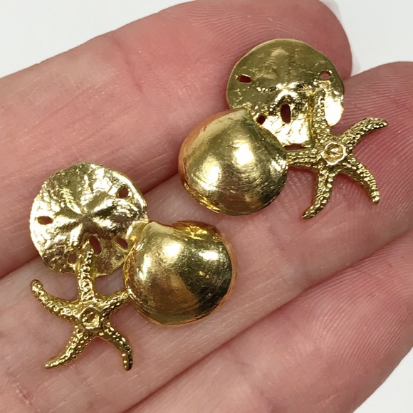 14K Gold Filled Sand Dollar Starfish Clam Shell Cluster Post Stud Earring Signed - Picture 8 of 15